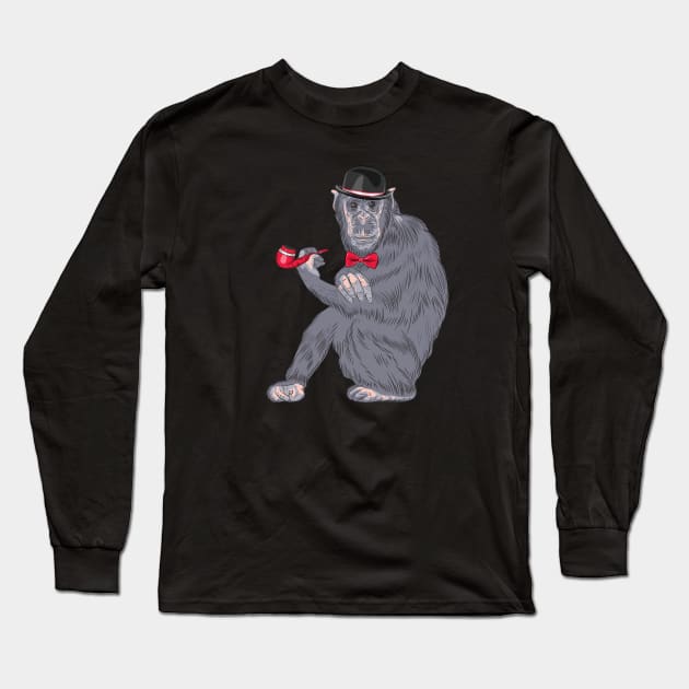 Hipster monkey with tobacco pipe Long Sleeve T-Shirt by kavalenkava